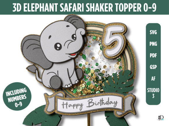 3D Elephant Safari Shaker Topper 0-9