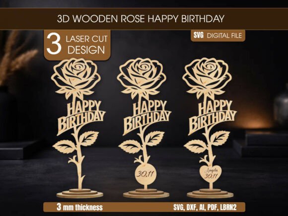 3D Wooden Rose Happy Birthday Laser Cut